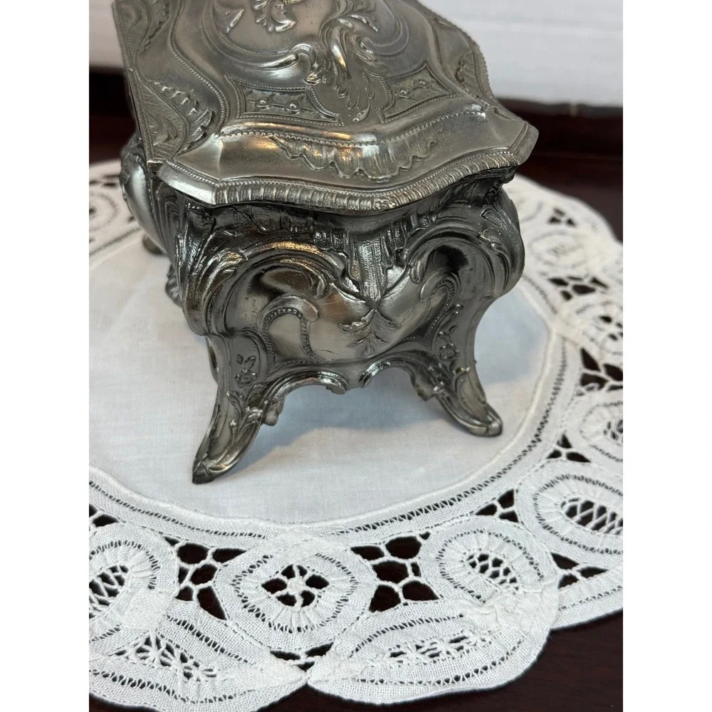 Vintage Ornate Silver Tone Footed Jewelry Casket Box Red Velvet Lining Rococo